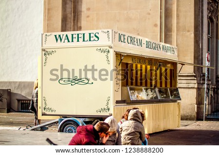 Brussels, Kingdom of Belgium. Belgian waffles of the food truck.