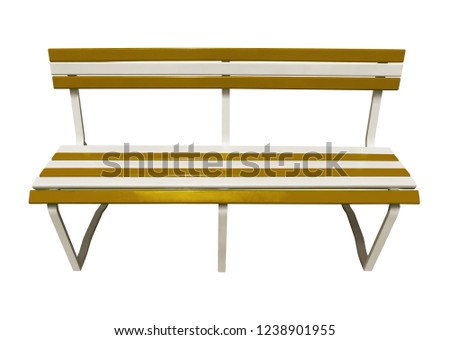 White and yellow wooden park bench isolated on white background. Clipping Path included