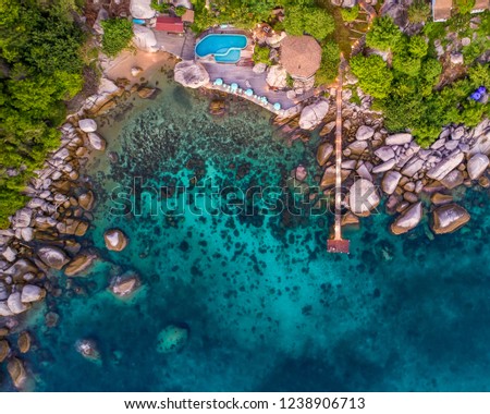 Koh Tao, Thailand Drone Aerial View Tropical Island Scuba Diving Resort with Copy Space