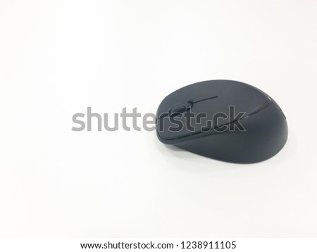 Black wireless mouse computer holding on white background, look lonely waiting to used for office working or  business technology  with side view picture and copy space.
