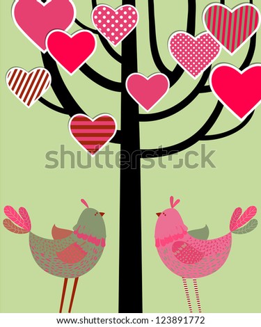 Love Card with a tree, paper hearts and cute birds