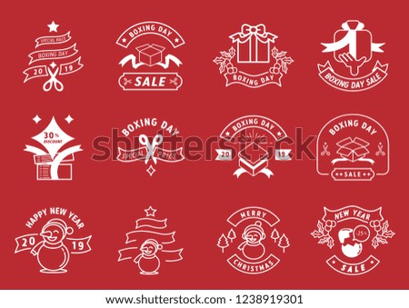 boxing day line badge design sale promotion vector illustration with snow man,scissors,ribbon,box,tree,hand and egg