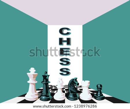 Stylish vector illustration of a board game of chess with six chessmen. Chess on a chessboard with a volume chess inscription. For schools on board games.Chessmen in black and white.Chess - a strategy