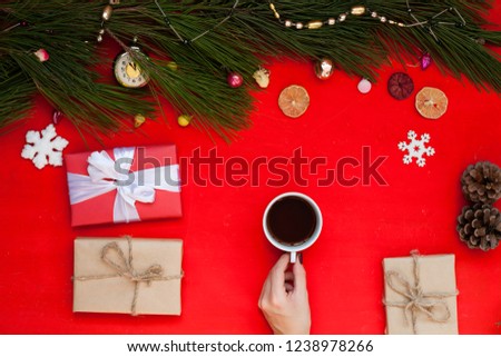 hands Christmas background with White Christmas tree gifts new year holiday winter