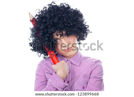 Funny schoolgirl with a big pen, isolated on white