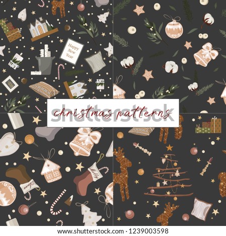 Set of tasty seamless patterns with deer, candles , socks, gifts, christmas decorations, gingerbread man, christmas tree and stars.