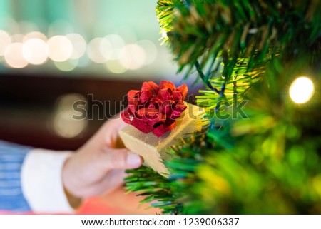 Close up woman hands holding gift box with Christmas tree and blur abstract background. Christmas and New year, Valentine's, Graduate, Celebrate.  