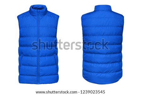 Blank template blue waistcoat down jacket sleeveless with zipped, front and back view isolated on white background. Mockup winter sport vest  Royalty-Free Stock Photo #1239023545