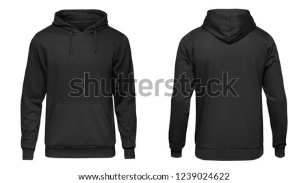 Blank black male hoodie sweatshirt long sleeve with clipping path, mens hoody with hood for your design mockup for print, isolated on white background. Template sport winter clothes. Royalty-Free Stock Photo #1239024622