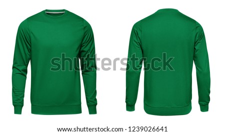 Blank template mens green sweatshirt long sleeve, front and back view, isolated on white background with clipping path. Design pullover mockup for print. Royalty-Free Stock Photo #1239026641
