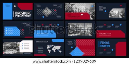 This template is the best as a business presentation, used in marketing and advertising, flyer and banner, the annual report. Grey, red, blue and black elements on a dark grey background
