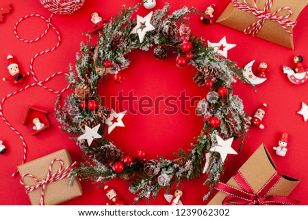 Flat lay with bright christmas decoration. New year celebration and christmas concept