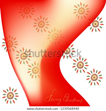 Christmas vector abstract illustration gold, red and green snowflakes under veil and handwriting "Merry Christmas" on white background for card, typographic print, cover page, web site, banner.