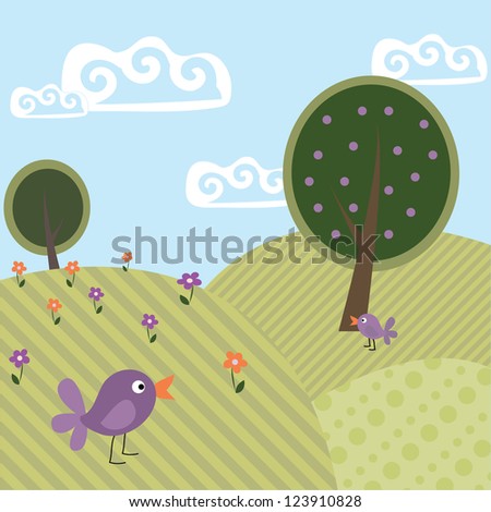 Cute cartoon landscape with trees and birds
