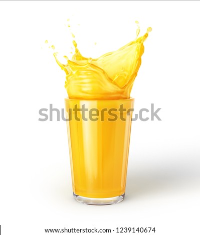 Glass of orange juice with splash, isolated on white background.