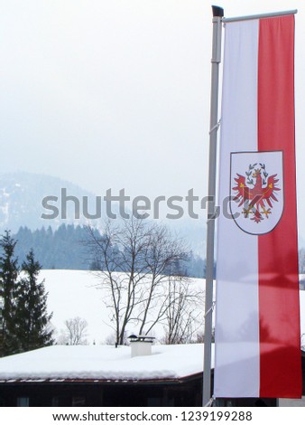 the flag of Tyrol in Austria at a flagpole with the red and white colours of the country and the eagle as coat of arms in front of a house in the mountains.
  