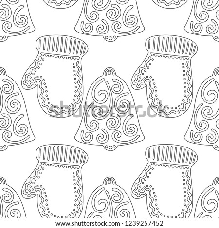 Gingerbread, bells. Black and white illustration for coloring book or page. Christmas, holiday background.