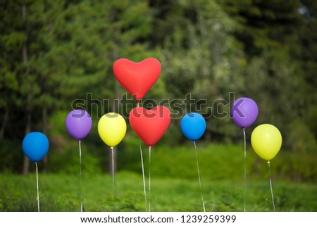 multicolored balloons floating in the forest.