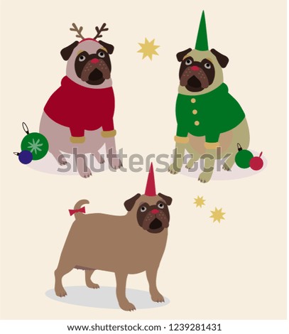 Collection of Funny Christmas Pugs, Vector Dogs