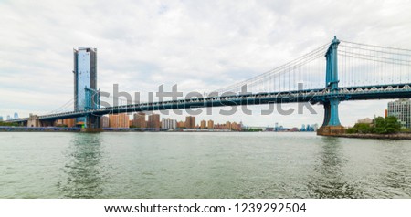 Manhattan Bridge panoramic view. New York City, USA. Manhattan Bridge viewed from Brooklyn Bridge Park.
