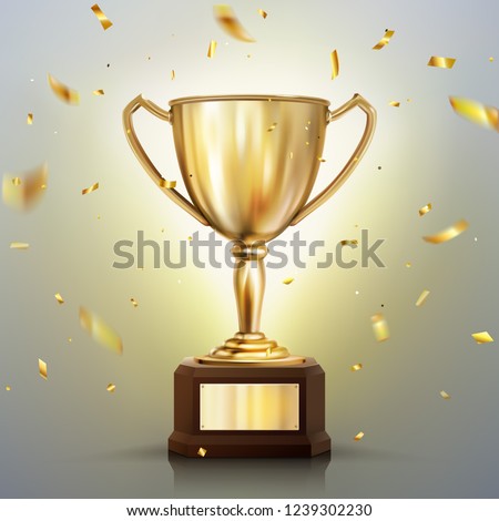 3d realistic vector golden cup isolated on white background. Championship trophy surrounded by falling confetti. Sports tournament award Royalty-Free Stock Photo #1239302230