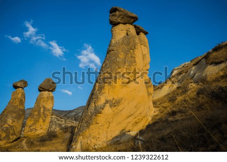 Rocks in the form of mushrooms. Fabulous and unusual mountains-Fairy Chimneys. Pasabag, Monks Valley, Cappadocia, Turkey.