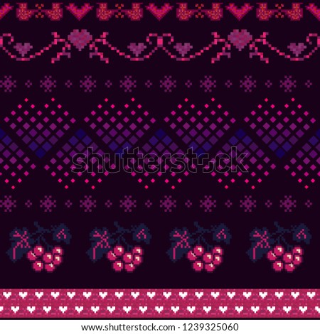 Winter seamless pixel pattern. Pastiche Scandinavian embroidery ornament. Knitted Christmas and Valentines Day ornament with birds hearts, viburnum on the dark background
