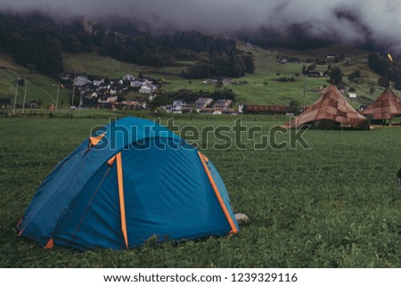 Tent on Alpine meadow with fog in the back