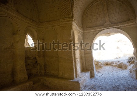 Interior of the old temple. Ancient temple made in sandstone mountain. Goreme, Cappadocia, Anatolia, Turkey