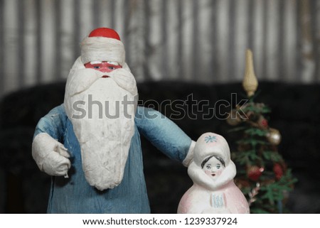 Vintage soviet toys: russian Santa Claus (Grandfather Frost) and his granddaughter. Toys from USSR