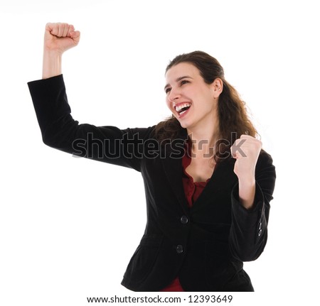 happy dancing business woman on a white background