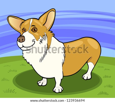 Cartoon Illustration of Funny Pembroke Welsh Corgi Dog against Blue Sky and Green Grass