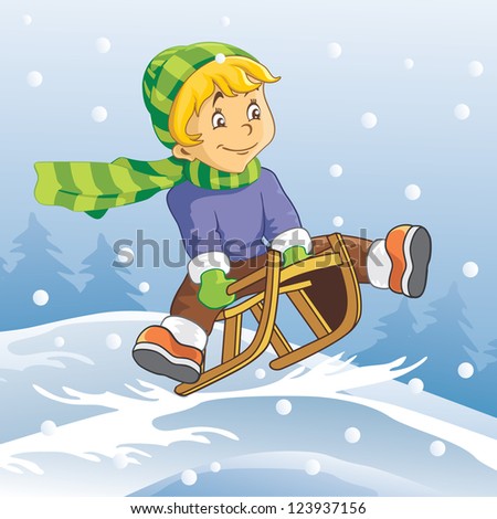 boy in the striped hat sledding, vector
