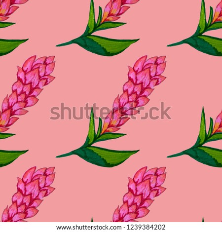 Creative seamless pattern with tropical leaves and flowers. Trendy texture with hand drawn exotic plants.
