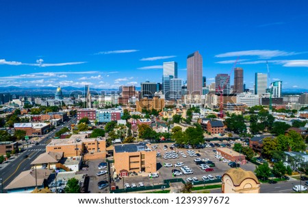 Aerial drone view panoramic panorama Denver Colorado skyline cityscape downtown with Texas state Capitol building entire city view