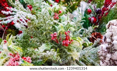 Beautiful Christmas ornaments. Cute Christmas decoration in the abstract form with branches, red berries, snow, leaf, and other.