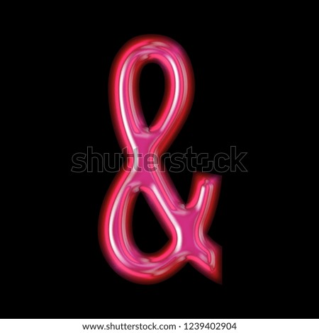 Shiny pink glossy glass ampersand or and sign symbol in a 3D illustration with a shining smooth glass effect and light highlights in a gothic font isolated on a black background