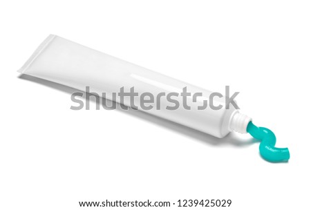 close up of  a toothpaste tube on white background Royalty-Free Stock Photo #1239425029