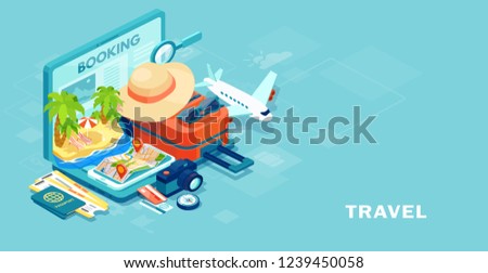 Tourism and booking app concept. Vector of travel equipment and luggage on a mobile laptop touch screen Royalty-Free Stock Photo #1239450058
