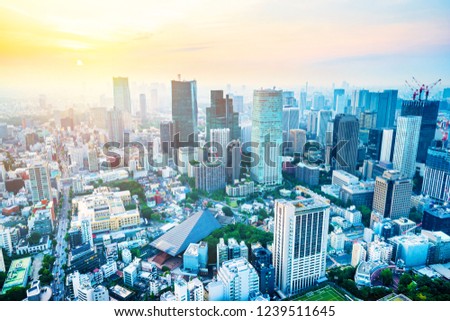 Asia Business concept for real estate and corporate construction - panoramic modern city skyline aerial view under bright blue sky and sun in Tokyo, Japan