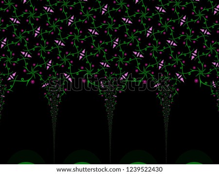 A hand drawing pattern made of green and pink on a black background.