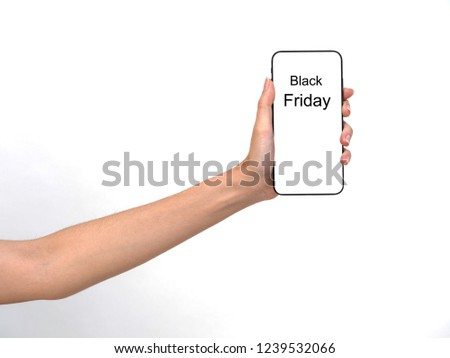 Woman Hand holding empty screen of mockup smartphone on white background with copy space.