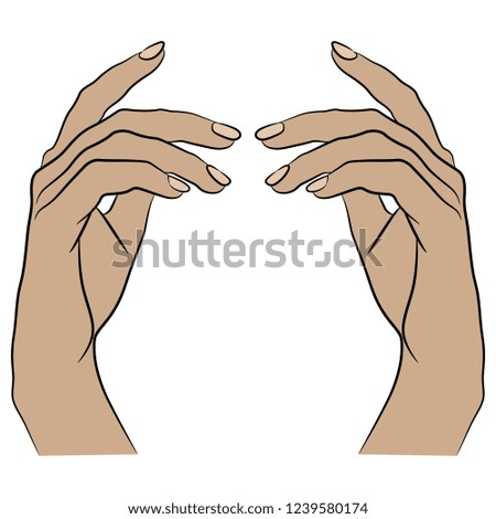 Isolated vector illustration. Two beautiful female Caucasian hands in elegant raised up gesture. Cartoon style.