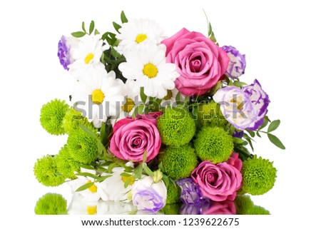 Bouquet of flowers, red roses, white chrysanthemums, green foliage, design for a greeting card, wedding poster, woman day banner, on white background, isolated, close up
