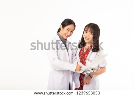 Portrait beautiful doctor wearing a white coat on white isolated background.