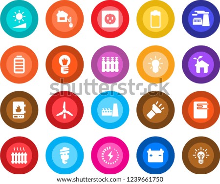 Round color solid flat icon set - bulb vector, factory, battery, torch, brightness, charge, windmill, heater, home control, eco house, socket, water, radiator, energy saving, idea