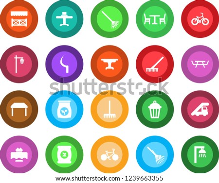 Round color solid flat icon set - cafe vector, ladder car, rake, sickle, garden light, picnic table, fertilizer, bike, restaurant, alcove, outdoor lamp