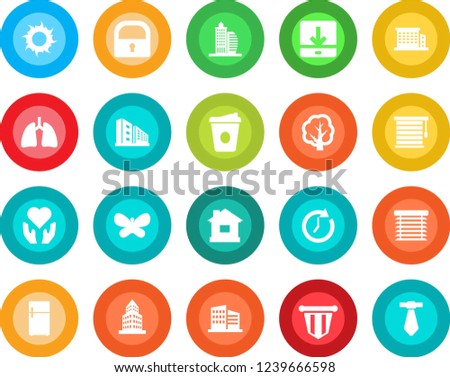 Round color solid flat icon set - pennant vector, coffee, tree, butterfly, house, sun, heart hand, lungs, download, lock, office building, jalousie, fridge, clock, tie