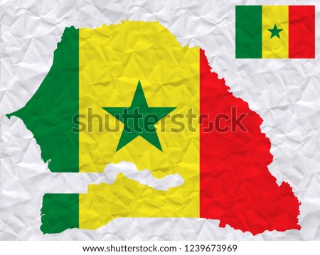 Old crumpled paper with watercolor painting of Senegal flag and map