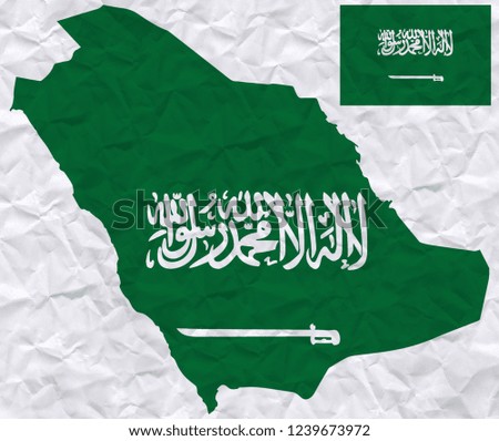 Old crumpled paper with watercolor painting of Saud Arabia flag and map